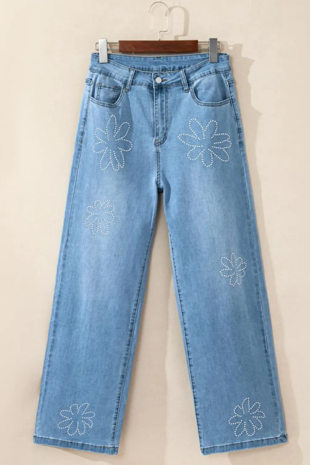 New Dear-Lover Floral Rhinestone Decor High Rise Wide Leg Jeans Light Blue