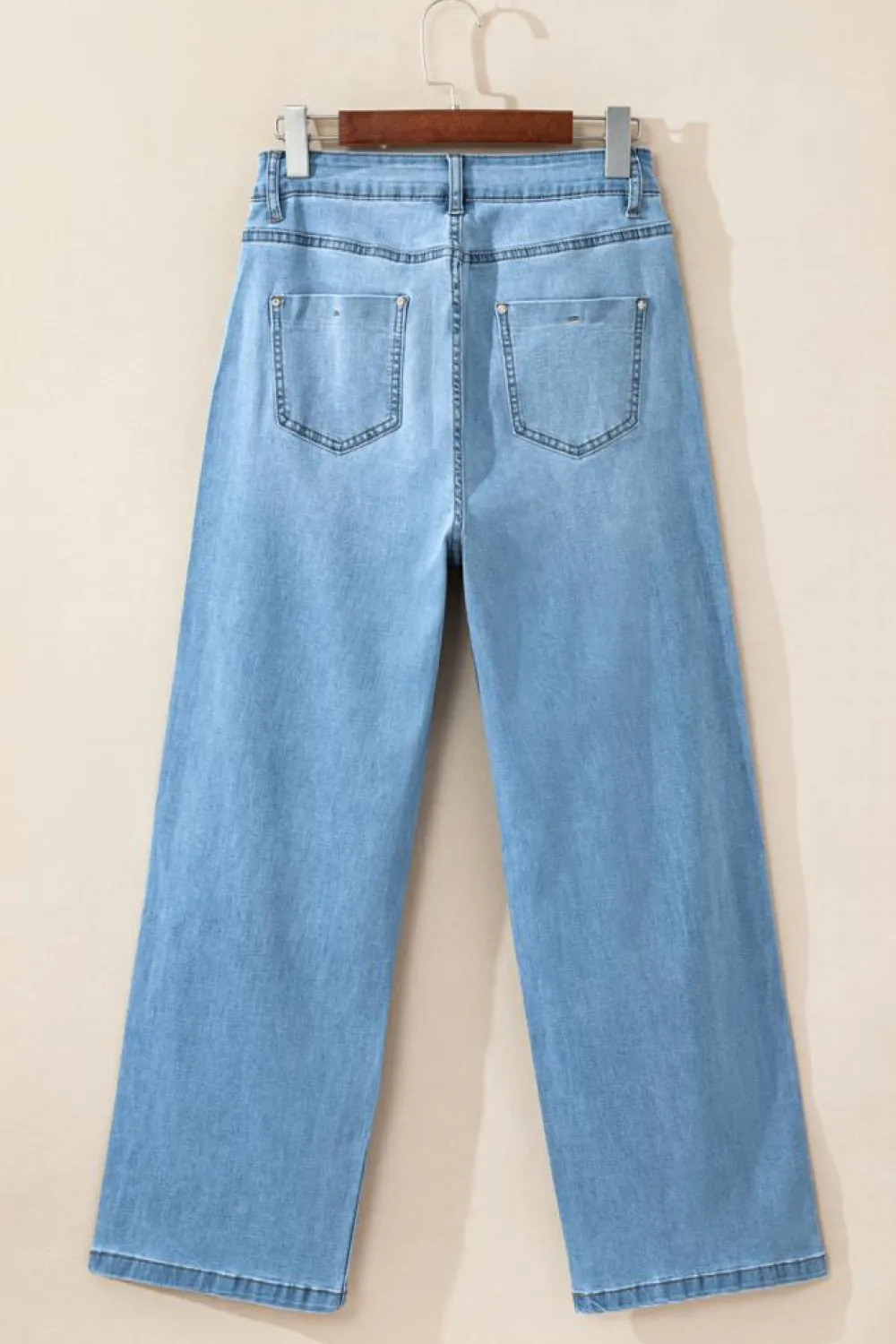 New Dear-Lover Floral Rhinestone Decor High Rise Wide Leg Jeans Light Blue