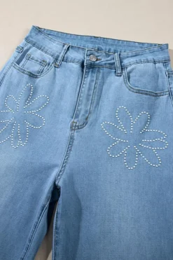 New Dear-Lover Floral Rhinestone Decor High Rise Wide Leg Jeans Light Blue