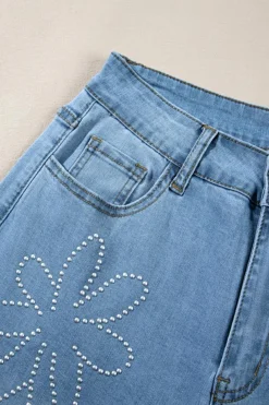 New Dear-Lover Floral Rhinestone Decor High Rise Wide Leg Jeans Light Blue