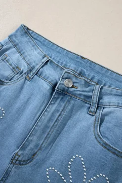 New Dear-Lover Floral Rhinestone Decor High Rise Wide Leg Jeans Light Blue
