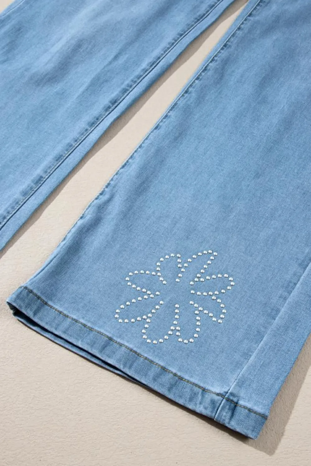 New Dear-Lover Floral Rhinestone Decor High Rise Wide Leg Jeans Light Blue