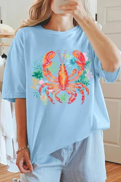Discount Dear-Lover Floral Summer Lobster Graphic Tee Light Blue
