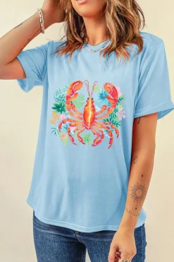 Discount Dear-Lover Floral Summer Lobster Graphic Tee Light Blue