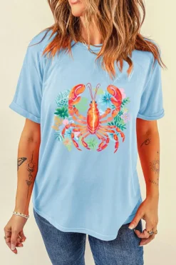 Discount Dear-Lover Floral Summer Lobster Graphic Tee Light Blue