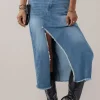Best Dear-Lover Frayed Slit Asymmetric Denim Midi Skirt Light Blue
