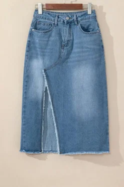 Best Dear-Lover Frayed Slit Asymmetric Denim Midi Skirt Light Blue