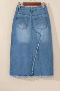 Best Dear-Lover Frayed Slit Asymmetric Denim Midi Skirt Light Blue