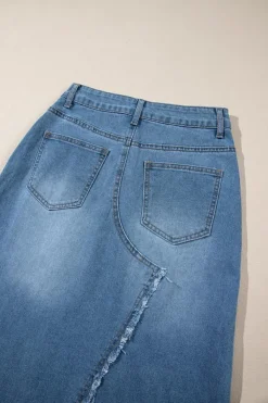 Best Dear-Lover Frayed Slit Asymmetric Denim Midi Skirt Light Blue