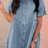Sale Dear-Lover Frilled Short Sleeve Button Up Loose Denim Shirt Dress Light Blue