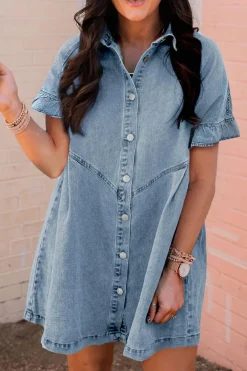 Sale Dear-Lover Frilled Short Sleeve Button Up Loose Denim Shirt Dress Light Blue