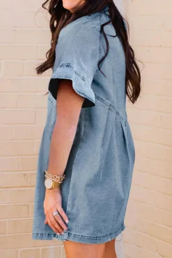 Sale Dear-Lover Frilled Short Sleeve Button Up Loose Denim Shirt Dress Light Blue