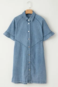Sale Dear-Lover Frilled Short Sleeve Button Up Loose Denim Shirt Dress Light Blue
