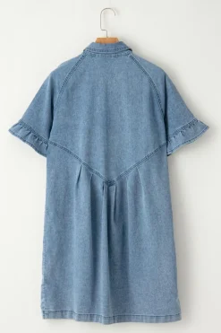Sale Dear-Lover Frilled Short Sleeve Button Up Loose Denim Shirt Dress Light Blue