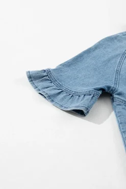 Sale Dear-Lover Frilled Short Sleeve Button Up Loose Denim Shirt Dress Light Blue
