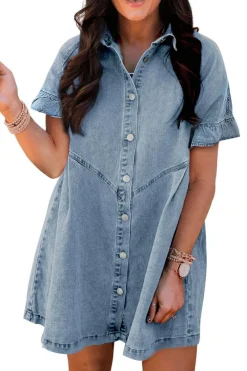 Sale Dear-Lover Frilled Short Sleeve Button Up Loose Denim Shirt Dress Light Blue
