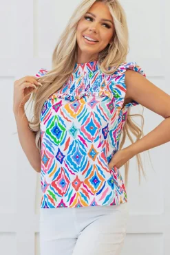 Best Dear-Lover Geometric Printed Flutter Sleeve Mock Neck Shirred Blouse Light Blue