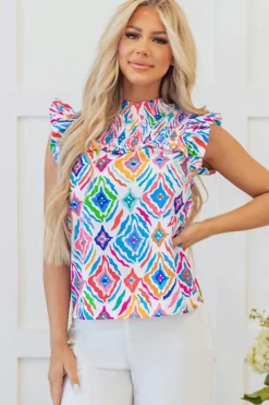 Best Dear-Lover Geometric Printed Flutter Sleeve Mock Neck Shirred Blouse Light Blue