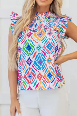 Best Dear-Lover Geometric Printed Flutter Sleeve Mock Neck Shirred Blouse Light Blue