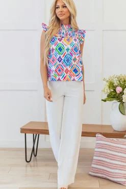 Best Dear-Lover Geometric Printed Flutter Sleeve Mock Neck Shirred Blouse Light Blue