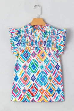 Best Dear-Lover Geometric Printed Flutter Sleeve Mock Neck Shirred Blouse Light Blue