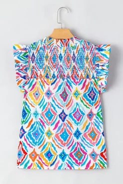 Best Dear-Lover Geometric Printed Flutter Sleeve Mock Neck Shirred Blouse Light Blue
