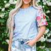 Online Dear-Lover Gingham Floral Embroidered Puff Sleeve Blouse Light Blue