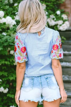 Online Dear-Lover Gingham Floral Embroidered Puff Sleeve Blouse Light Blue