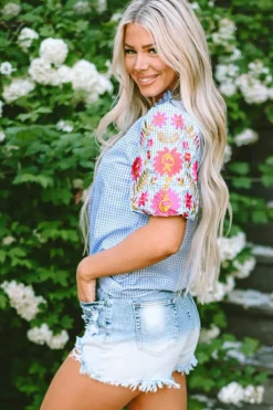 Online Dear-Lover Gingham Floral Embroidered Puff Sleeve Blouse Light Blue