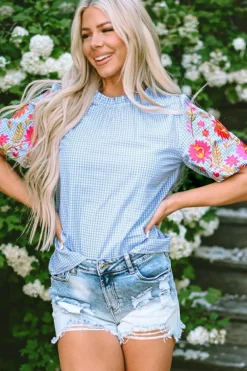 Online Dear-Lover Gingham Floral Embroidered Puff Sleeve Blouse Light Blue