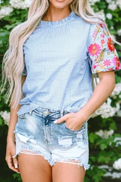 Online Dear-Lover Gingham Floral Embroidered Puff Sleeve Blouse Light Blue