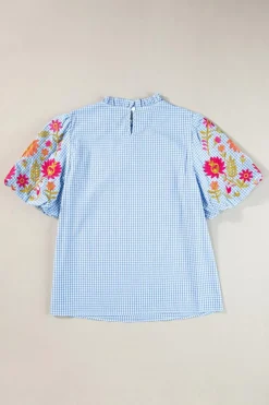 Online Dear-Lover Gingham Floral Embroidered Puff Sleeve Blouse Light Blue