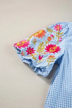 Online Dear-Lover Gingham Floral Embroidered Puff Sleeve Blouse Light Blue