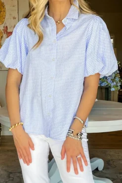 Online Dear-Lover Gingham Short Puff Sleeve Button Up Shirt Light Blue