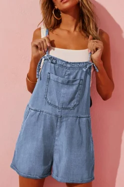 Online Dear-Lover Grommet Tie Straps Casual Denim Romper Light Blue