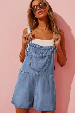 Online Dear-Lover Grommet Tie Straps Casual Denim Romper Light Blue