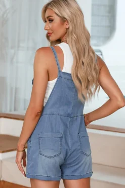Online Dear-Lover Grommet Tie Straps Casual Denim Romper Light Blue