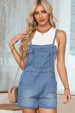Online Dear-Lover Grommet Tie Straps Casual Denim Romper Light Blue
