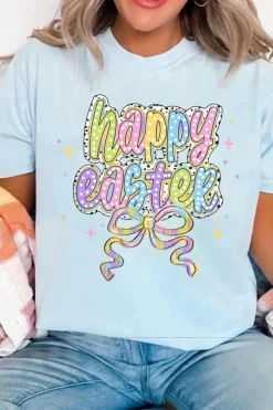 Sale Dear-Lover happy easter Bowknot Printed Crewneck T Shirt Light Blue