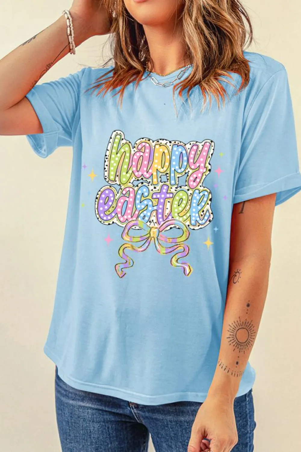 Sale Dear-Lover happy easter Bowknot Printed Crewneck T Shirt Light Blue
