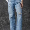 Best Dear-Lover High Rise Distressed Straight Leg Jeans Light Blue