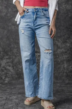 Best Dear-Lover High Rise Distressed Straight Leg Jeans Light Blue
