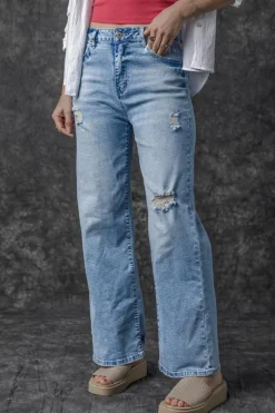 Best Dear-Lover High Rise Distressed Straight Leg Jeans Light Blue