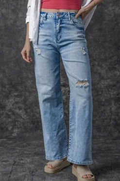 Best Dear-Lover High Rise Distressed Straight Leg Jeans Light Blue