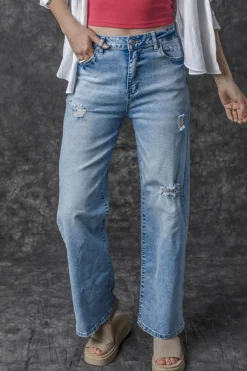 Best Dear-Lover High Rise Distressed Straight Leg Jeans Light Blue
