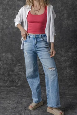 Best Dear-Lover High Rise Distressed Straight Leg Jeans Light Blue