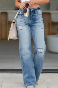 Best Dear-Lover High Rise Distressed Straight Leg Jeans Light Blue