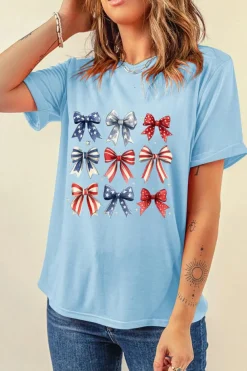 Sale Dear-Lover Independence Day Bowknot Graphic Tee Light Blue