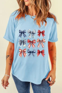 Sale Dear-Lover Independence Day Bowknot Graphic Tee Light Blue
