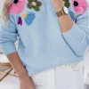 Outlet Dear-Lover Knitted Flower Pattern Ribbed Edge Sweater Light Blue